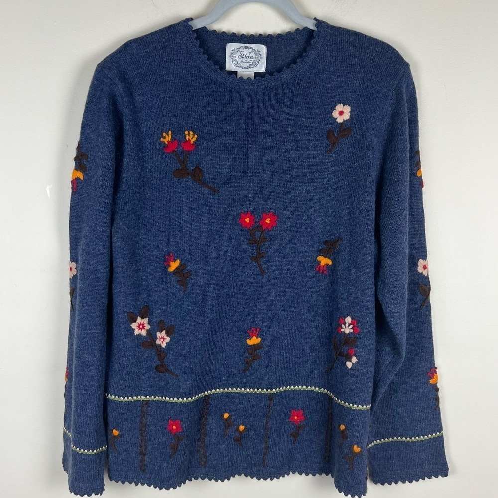 Stitches In Time | Vintage 90s Grandma Floral Embroidered Wool Blend Sweater | L